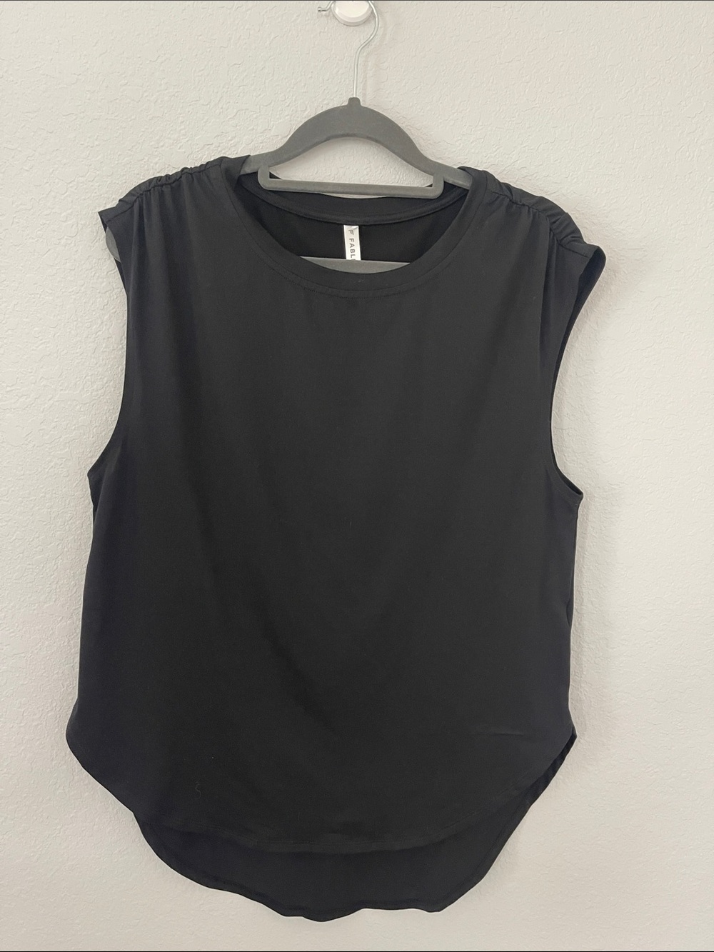 Fabletics Black Sleeveless Crewneck Tank with Gathered Shoulders